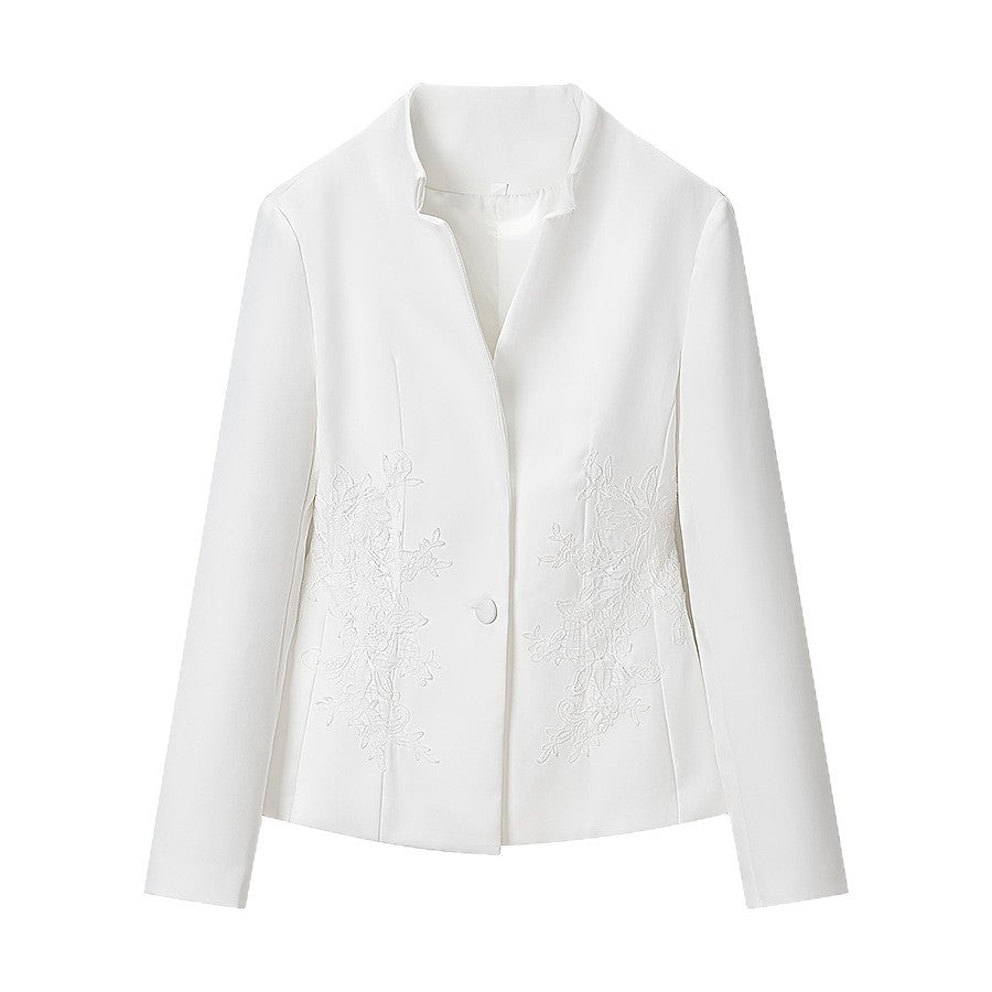 Damen Taillierter Blazer mit Stehkragen und floraler Stickerei Echoarchiv