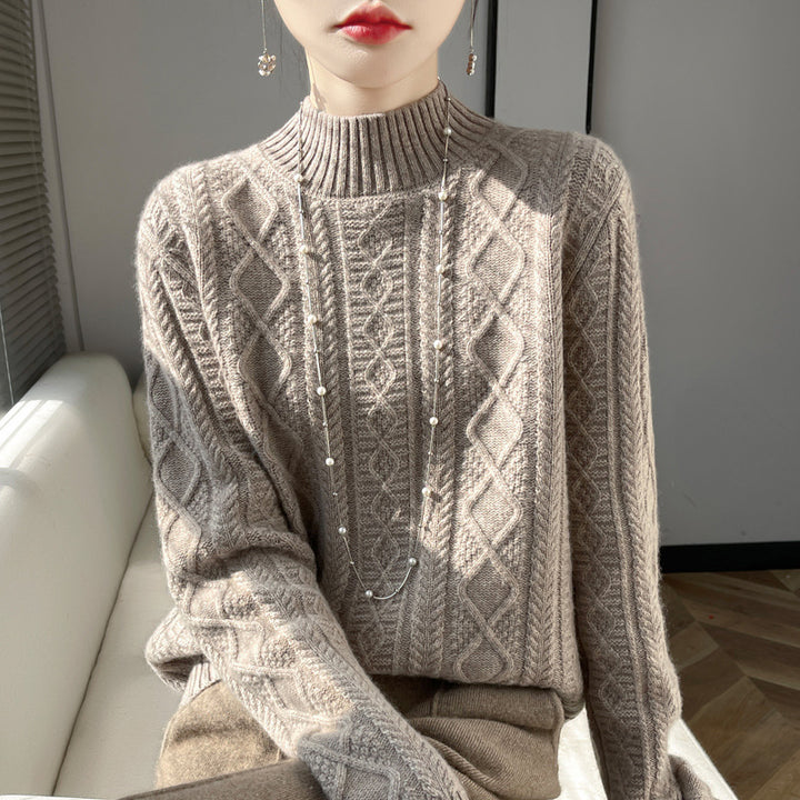 Damen Kuscheliger Mohair‑Optik Mockneckpullover mit Rautenzopfstruktur und kastiger Silhouette Echoarchiv