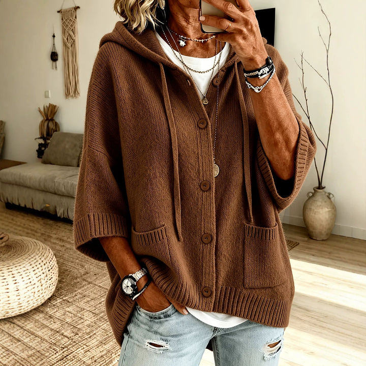 Damen Oversize Kapuzen-Cardigan mit Holzknöpfen und kastiger Silhouette – Veloura