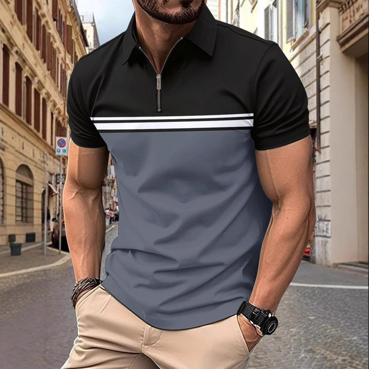 Herren Polo-Shirt mit farblich abgesetzten Streifen und kurzem Reißverschluss Echoarchiv