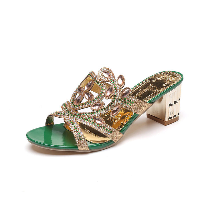 Damen nan verzierte Mule-Sandalette mit geschwungenem Riemenwerk, Kristallbesatz und metallisch facettiertem Blockabsatz Echo Archiv