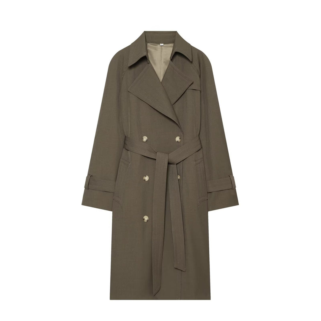 Damen Langer Doppelreihiger Trenchcoat mit Taillengürtel und Raglanärmeln Echo Archiv