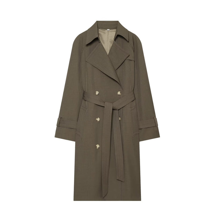 Damen Langer Doppelreihiger Trenchcoat mit Taillengürtel und Raglanärmeln Echo Archiv