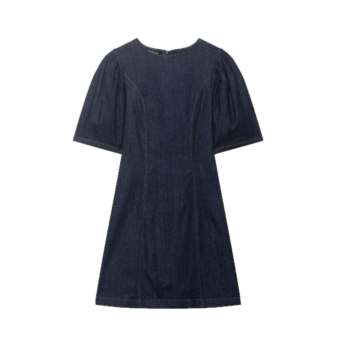 Damen A‑Linien Jeanskleid mit Puffärmeln und figurbetonten Abnähern Echoarchiv