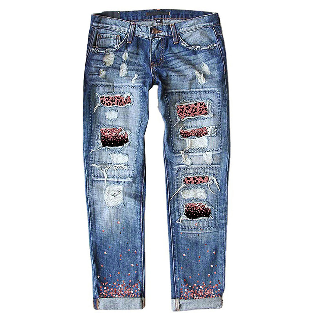 Damen nan verwaschene schmale Jeans mit Leopardenpatches und Glitzerbesatz Echo Archiv