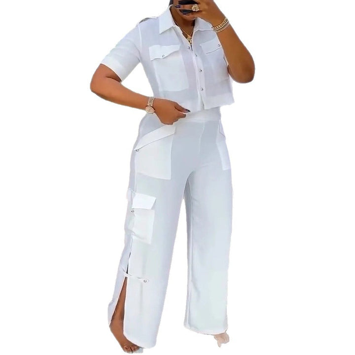 Damen nan zweiteiliges Hemd- und Cargo-Hosen-Set mit kurzem Oversize-Hemd, hoher Taille, weitem Bein und seitlichen Beinschlitzen Echo Archiv