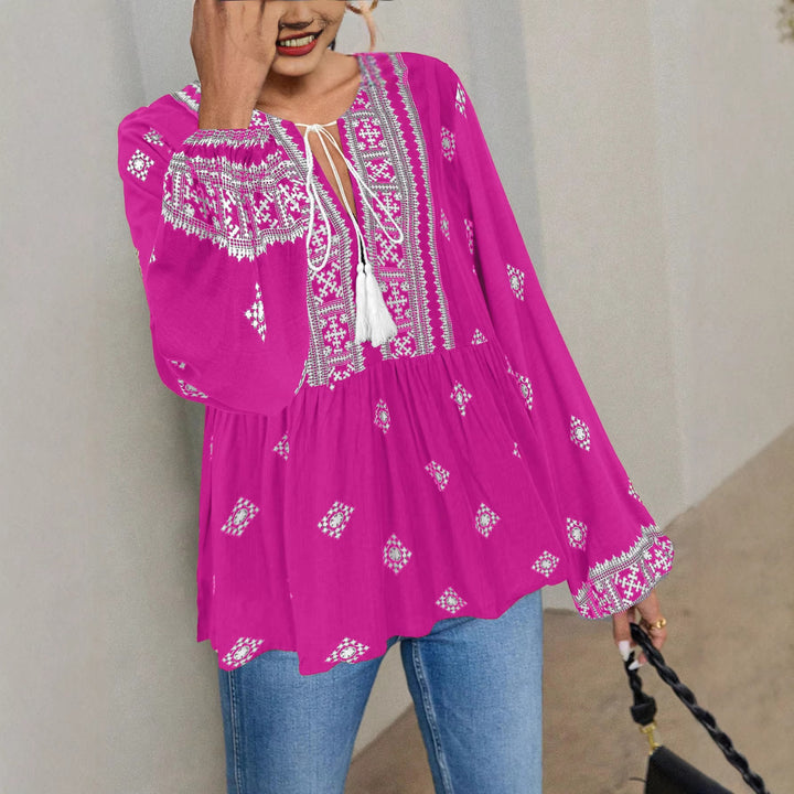 Damen Bestickte Boho-Tunika-Bluse mit Quastenbändern und stufigem Saum Echo Archiv