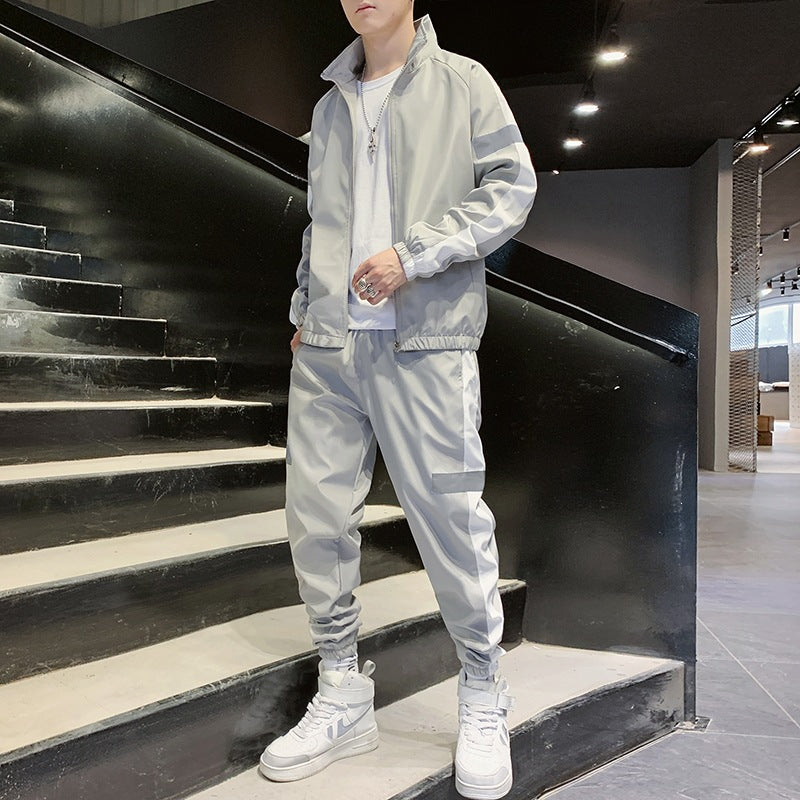 Herren Zweiteiliges Streetwear-Trainingsset mit Stehkragen, Kontraststreifen & reflektierenden Einsätzen Echoarchiv