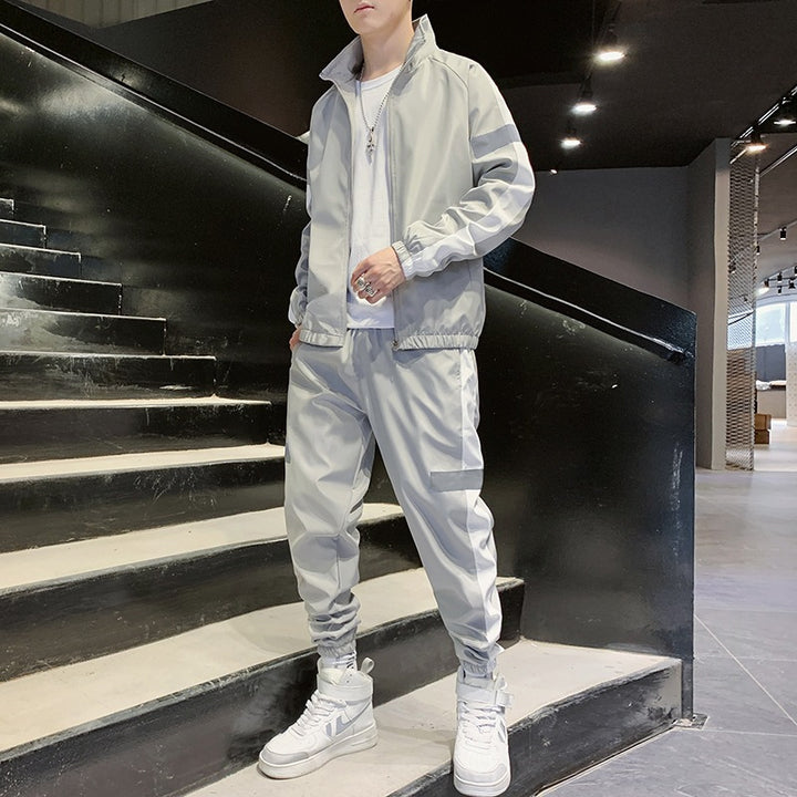 Herren Zweiteiliges Streetwear-Trainingsset mit Stehkragen, Kontraststreifen & reflektierenden Einsätzen Echoarchiv