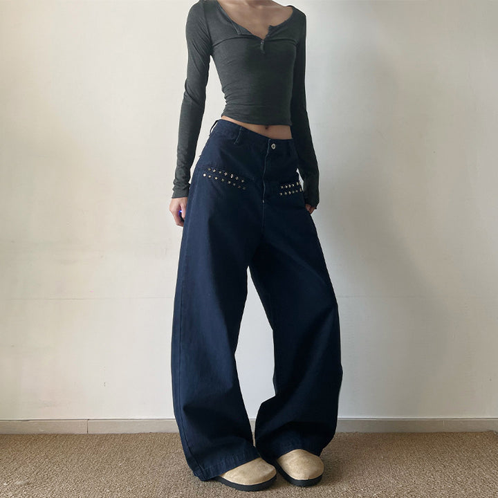 Damen Extraweite High‑Waist Baumwoll-Twill-Hose mit Nietenbesatz und Palazzoschnitt Echo Archiv