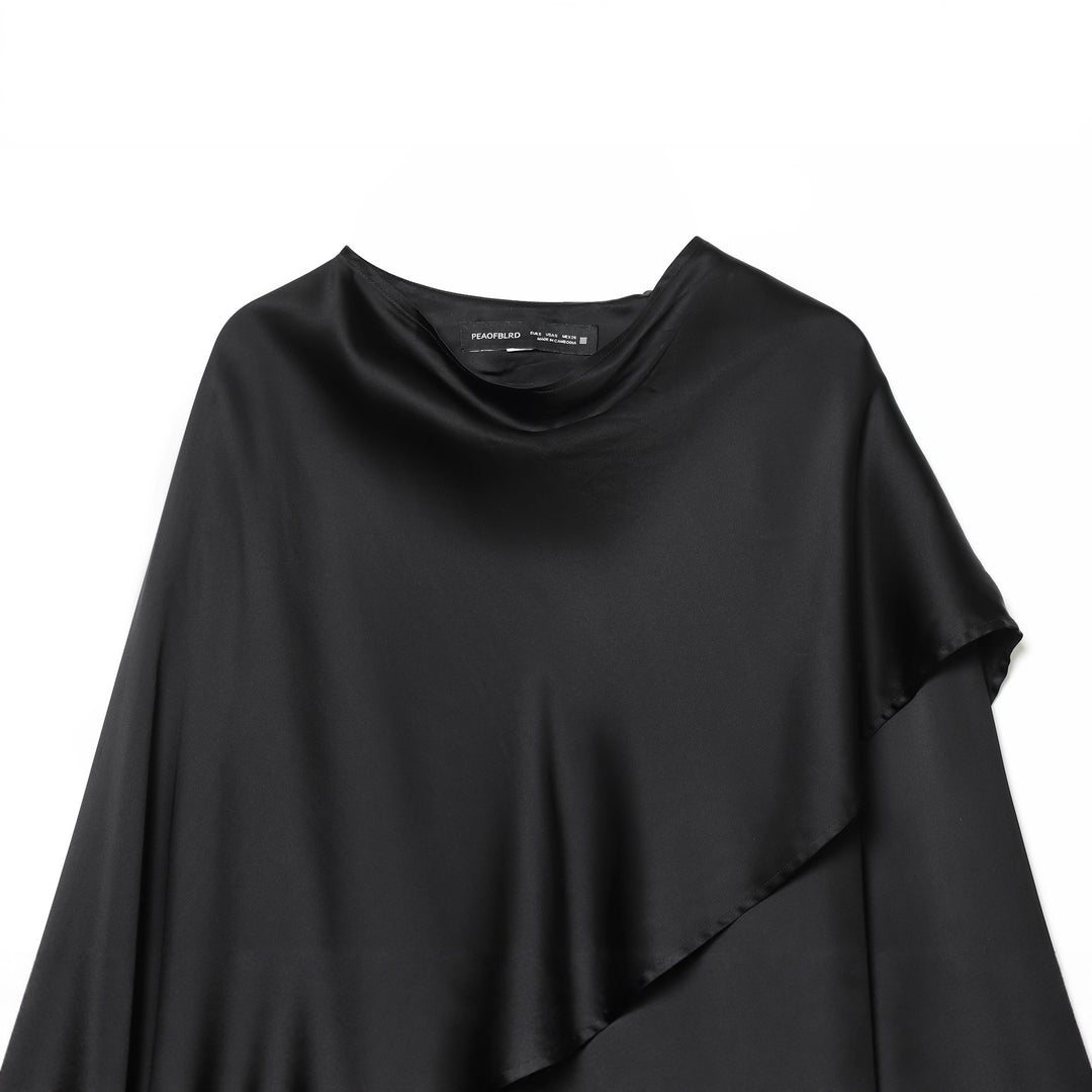 Damen nan asymmetrische Satin-Bluse mit Cascading-Volant und Rundhals Echo Archiv