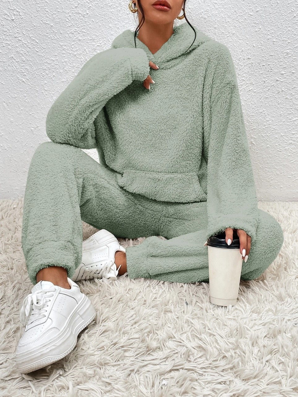 Damen nan kuscheliges Teddy-Fleece Hausanzug-Set mit Kapuze, Kängurutasche und elastischer Jogginghose Echo Archiv