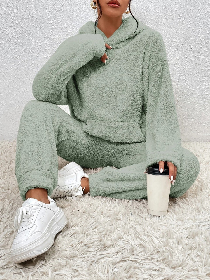 Damen nan kuscheliges Teddy-Fleece Hausanzug-Set mit Kapuze, Kängurutasche und elastischer Jogginghose Echo Archiv