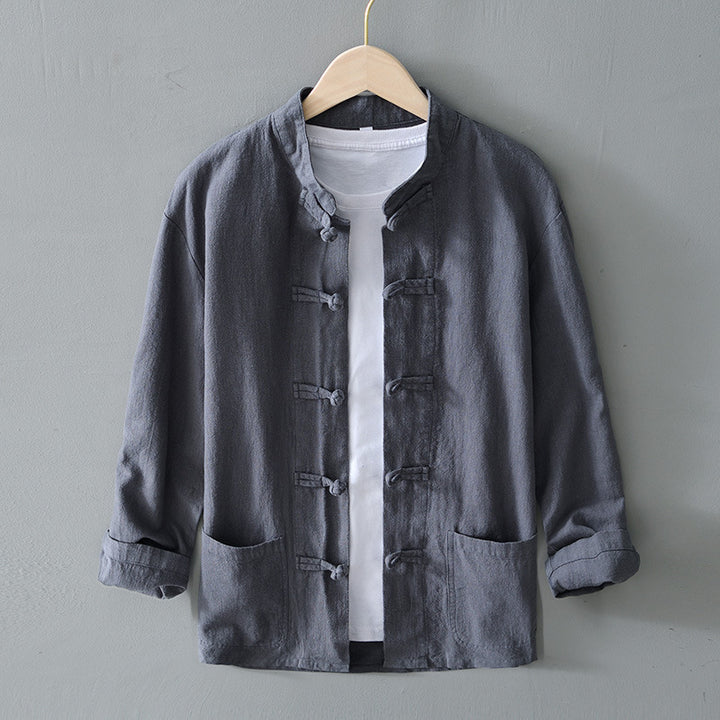 Herren nan leichte Leinenjacke im traditionellen chinesischen Stil mit Stehkragen und Knotenverschlüssen Echo Archiv