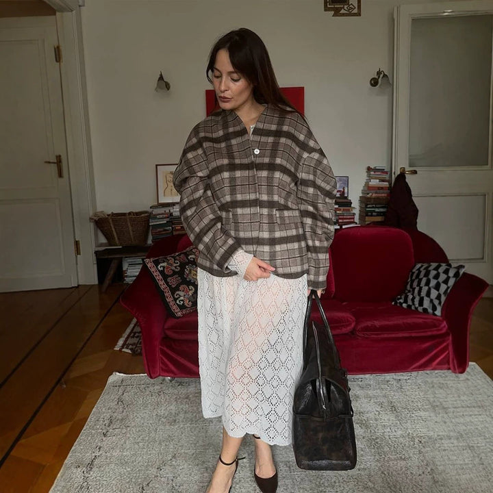 Damen Karierter Boxy‑Blazer mit voluminösen Ballonärmeln Echoarchiv