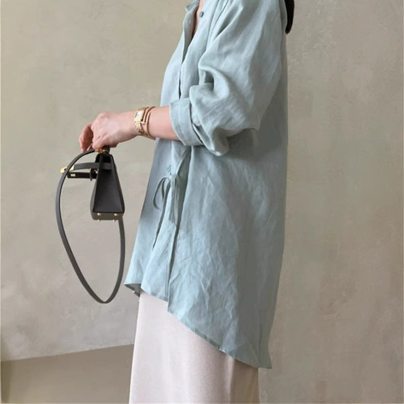 Damen Locker geschnittene Leinen‑Hemdbluse mit Stehkragen, Tunnelzug‑Taille und durchgehender Knopfleiste – Élovi