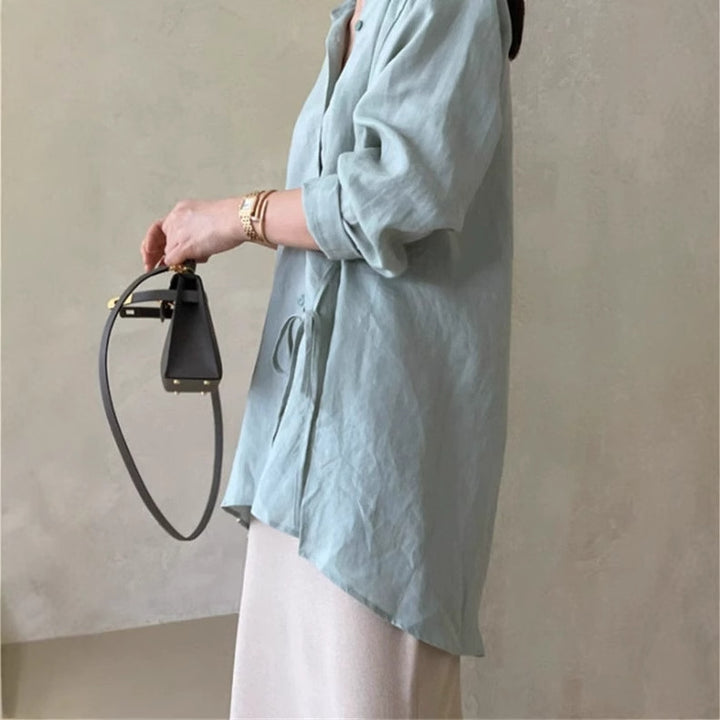 Damen Locker geschnittene Leinen‑Hemdbluse mit Stehkragen, Tunnelzug‑Taille und durchgehender Knopfleiste – Élovi