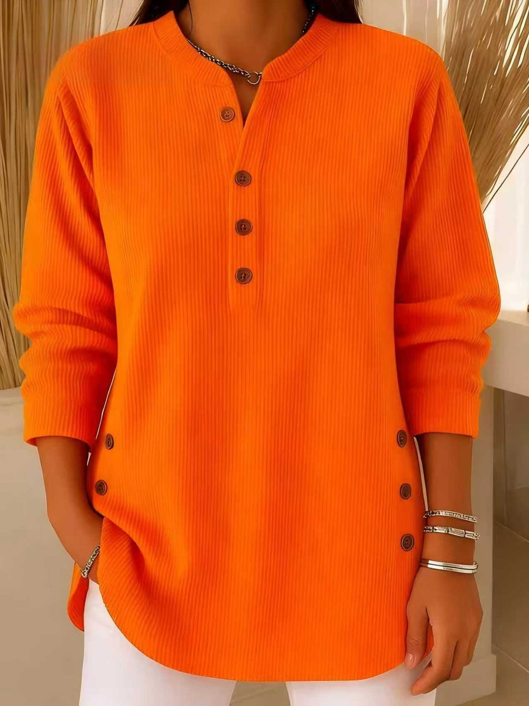 Damen nan plissee Tunika-Bluse mit Stehkragen, Knopfleiste und seitlichen Zierknöpfen Echo Archiv