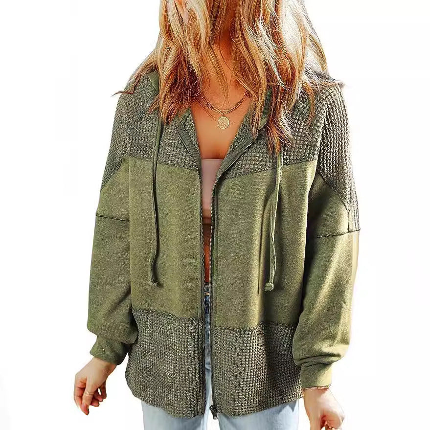 Damen Lässige Oversize-Kapuzenjacke mit Strukturstrick-Einsätzen und Reißverschluss Echoarchiv