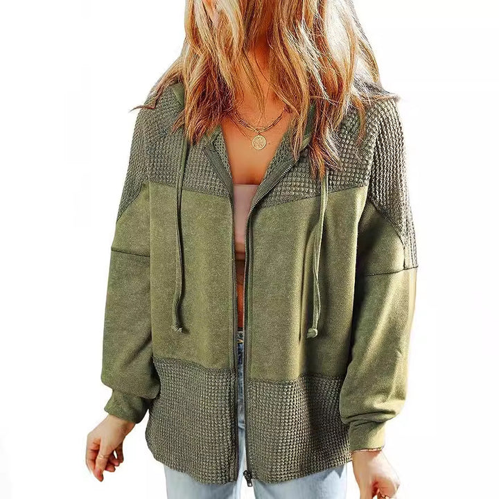 Damen Lässige Oversize-Kapuzenjacke mit Strukturstrick-Einsätzen und Reißverschluss Echoarchiv
