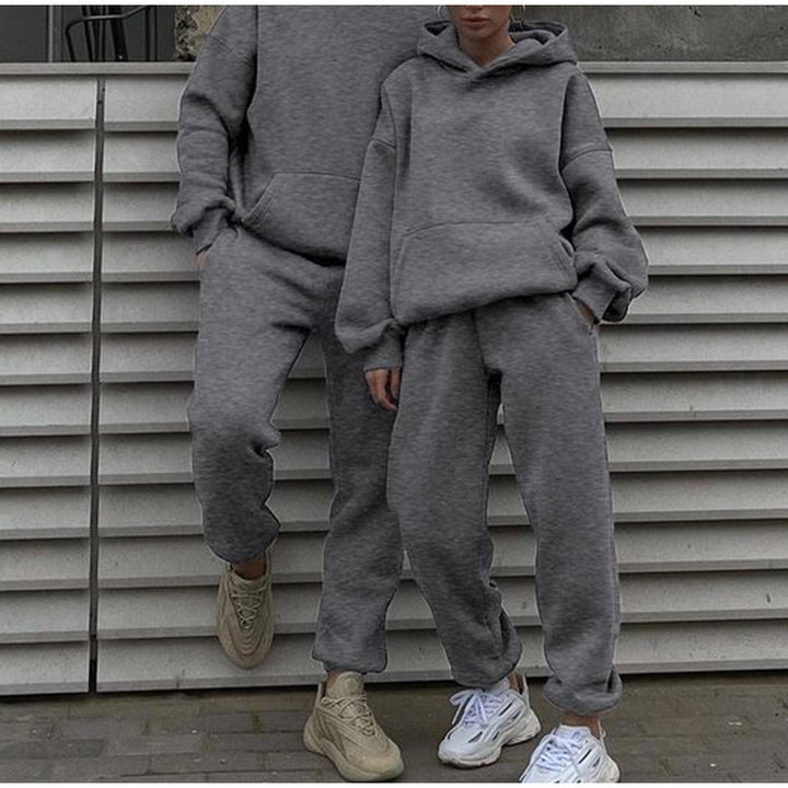 Damen nan gemütliches French-Terry Loungewear-Set mit doppellagiger Kapuze, Kängurutasche und elastischem Knöchel-Jogger Echo Archiv