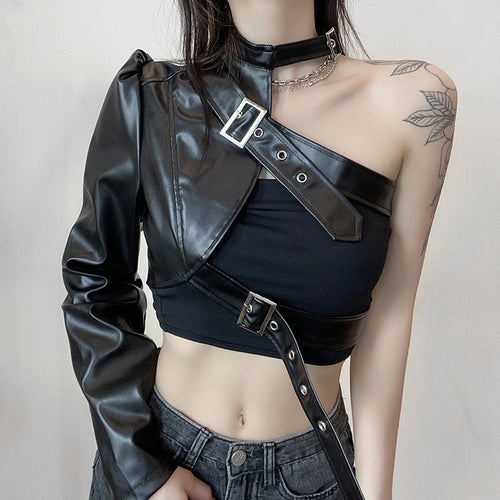 Damenmode-Oberteil aus Kunstleder mit asymmetrischem Design Echo Archiv