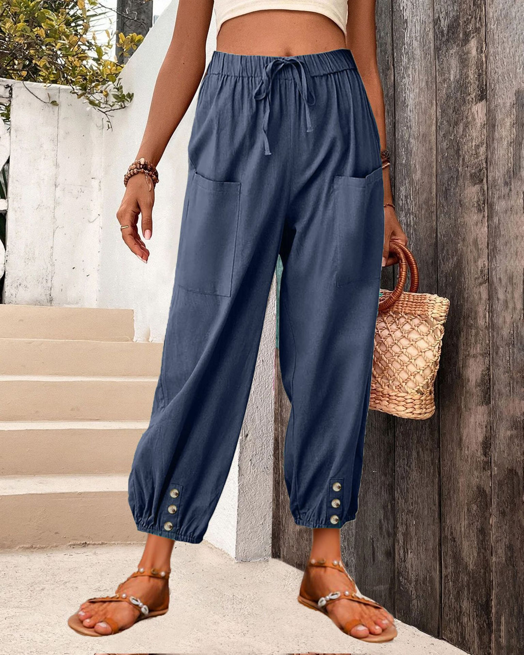 Damen Leinenlook Loungehosen mit hohem elastischem Taillenbund, Kordelzug, aufgesetzten Taschen und geknöpftem Saum – Avélisse