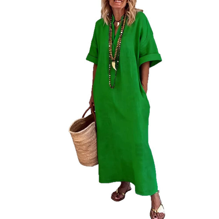 Damen Leinen Maxikleid mit V-Ausschnitt und praktischen Taschen – Valéora