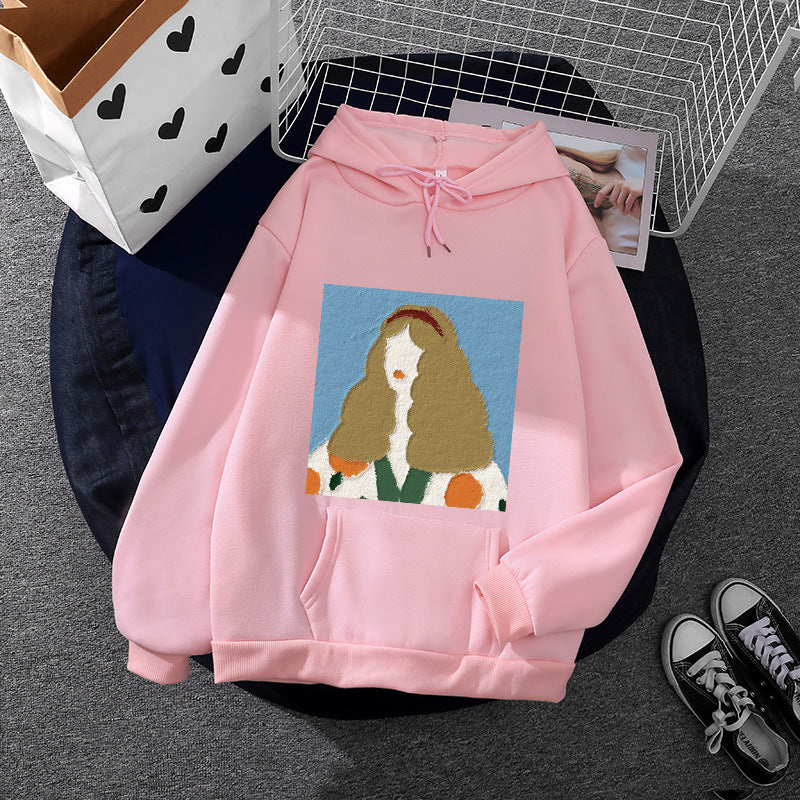 Damen Kapuzenpullover mit kunstvoller Chenille-Stickerei im Portraitstil und Kängurutasche – Auréline