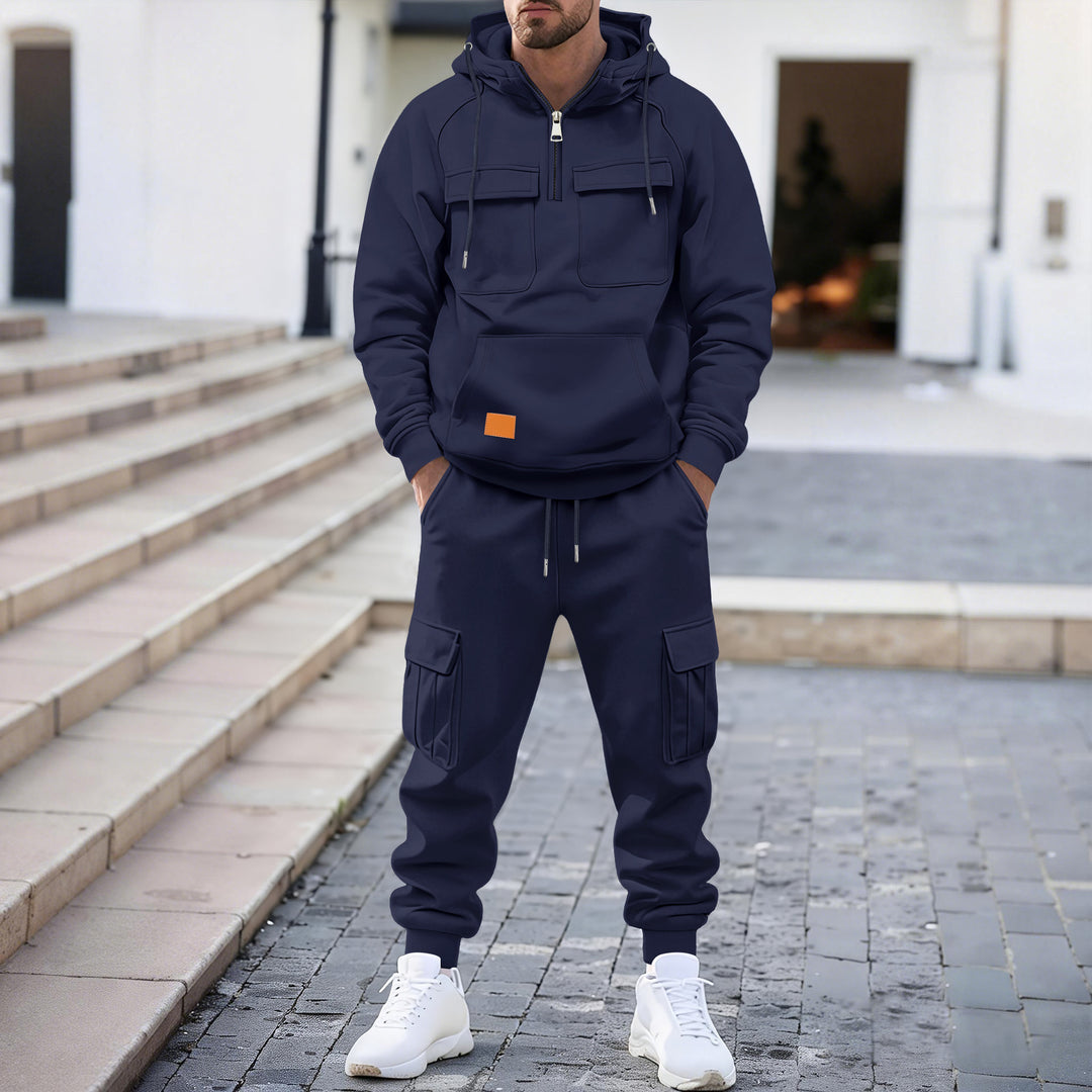 Herren technischer Oversize-Hoodie mit Halbzip, Kapuze, Kängurutasche und aufgesetzten Utility-Taschen – Cavarno