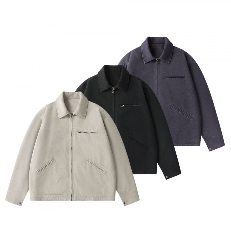 Unisex Kastenförmige Kurzjacke im Worker-Blouson-Stil mit Hemdkragen und verdecktem Reißverschluss Echo Archiv
