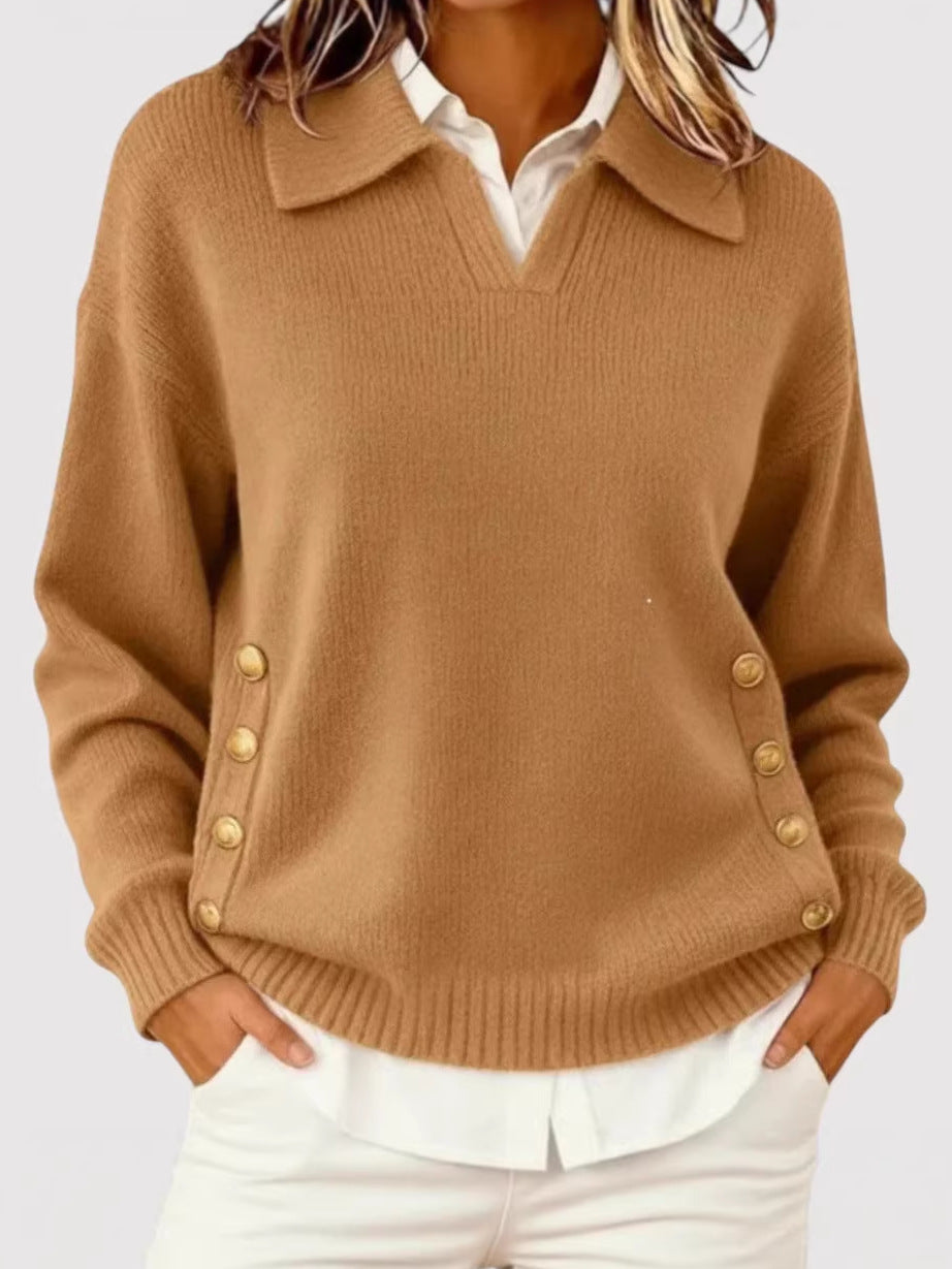 Damen Modischer Strickpullover mit Kragen und Knopfdetails – Mavelle