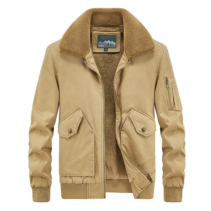 Herren Aviator-Bomberjacke aus Canvas mit Sherpa-Kragen, Teddyfutter und Multifunktionstaschen – Brevano