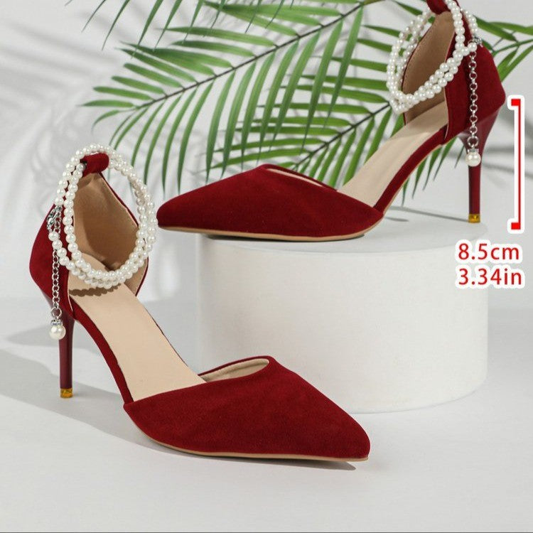Damen Elegante spitz zulaufende Pumps mit Perlen-Knöchelriemen und schmalem Stiletto – Lioré