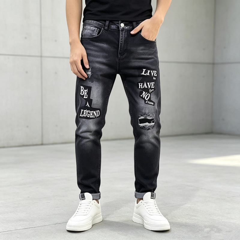 Herren Modische Ripped Jeans mit grafischen Prints Echoarchiv