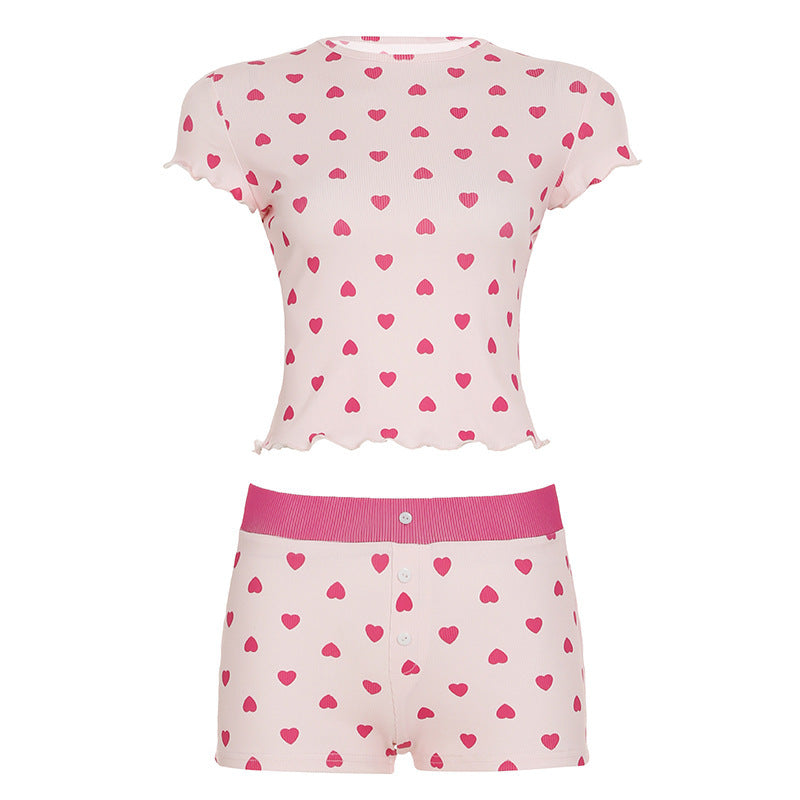 Damen Freizeitpyjama Set mit herzförmigem Design und elastischem Bund Echo Archiv