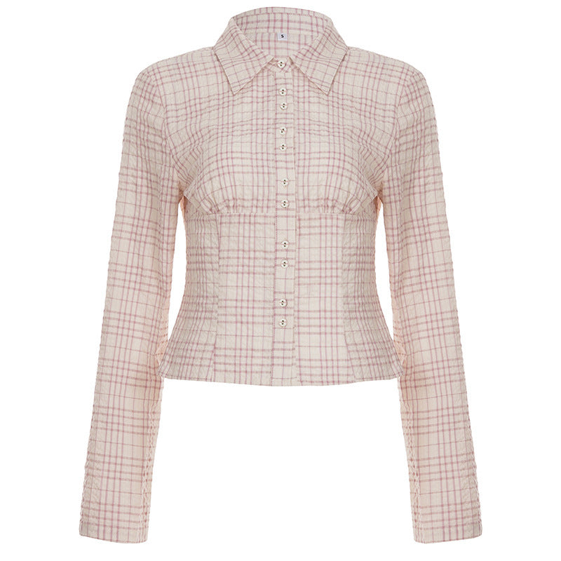 Damen Taillierte karierte Blusejacke mit Korsagennaht und durchgehender Knopfleiste – Élovi