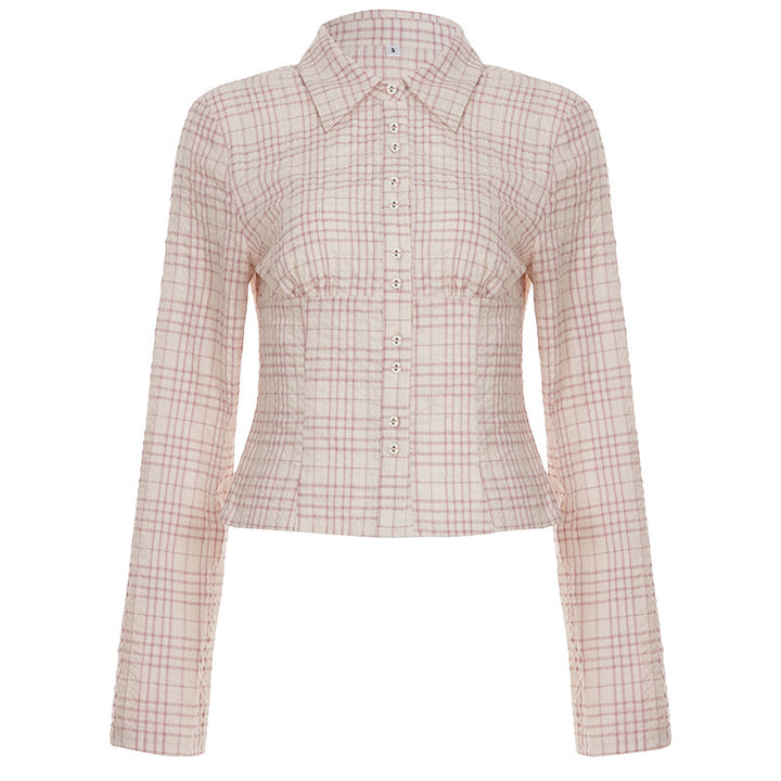 Damen Taillierte karierte Blusejacke mit Korsagennaht und durchgehender Knopfleiste – Élovi