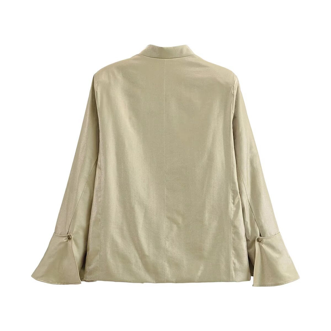 Damen Asymmetrische Satin-Bluse-Jacke mit Mandarinkragen und Glockenärmeln Echoarchiv