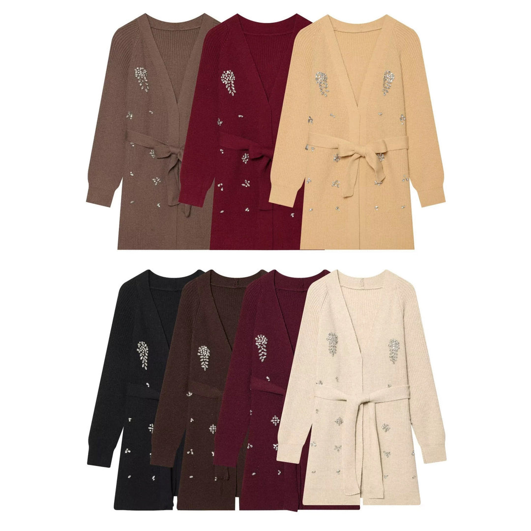 Damen Longcardigan mit Bindegürtel und Schmuckstein‑Applikation Echo Archiv