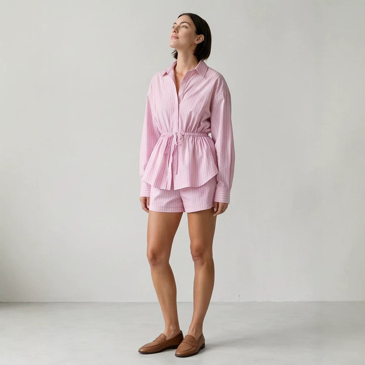 Damen Gestreiftes Loungewear-Set aus Leichtbaumwolle mit Kordel-Taille & Shorts Echoarchiv