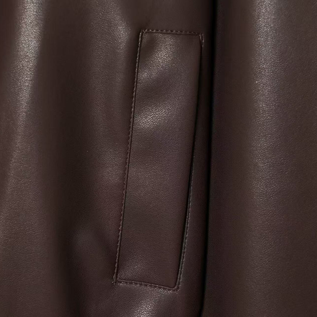 Damen Cropped Oversized Kunstleder-Bomberjacke mit Reißverschluss und elastischem Saum Echoarchiv