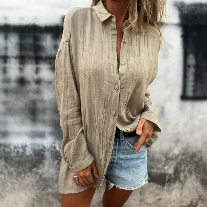 Damen lässige Oversize-Tunikahemd mit Leinenstruktur, Holzknopfleiste und verlängertem Saum – Avérine