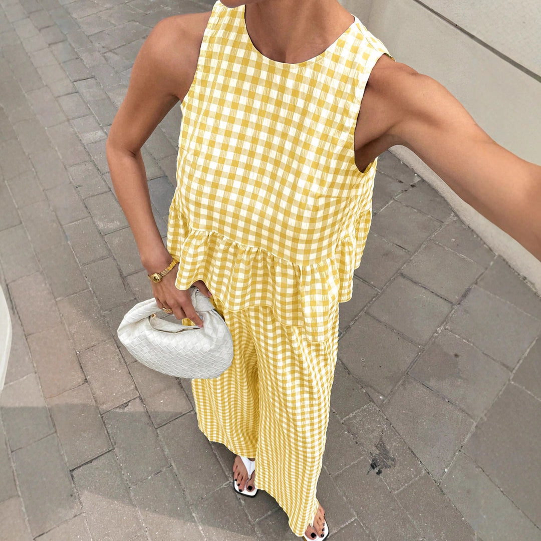Damen Zweiteiliges Vichy-Karo-Set mit tailliertem Volanttop und weiter Palazzo-Hose Echo Archiv