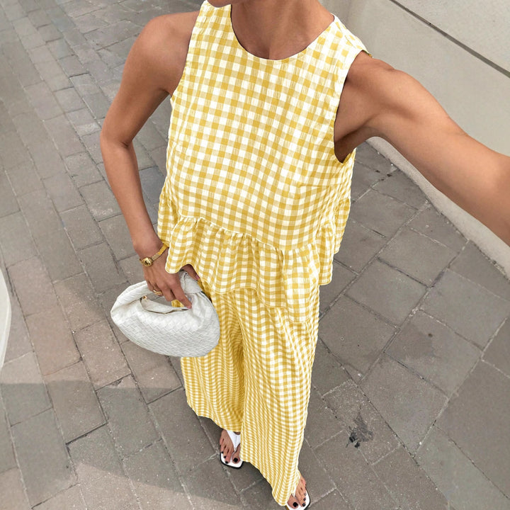 Damen Zweiteiliges Vichy-Karo-Set mit tailliertem Volanttop und weiter Palazzo-Hose Echo Archiv