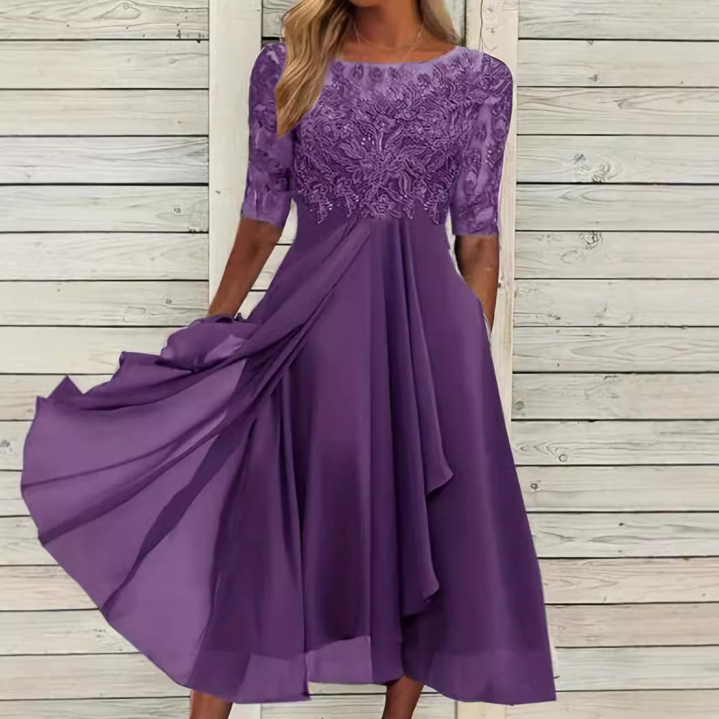 Damen nan elegantes Chiffon-Midikleid mit besticktem Spitzenoberteil und halblangen Ärmeln Echo Archiv