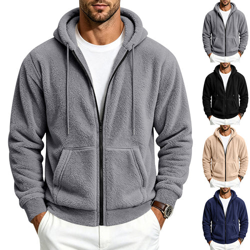 Herren Fleece-Kapuzenjacke mit Teddy-Innenfutter, durchgehendem Reißverschluss und Kängurutaschen – Cavarno