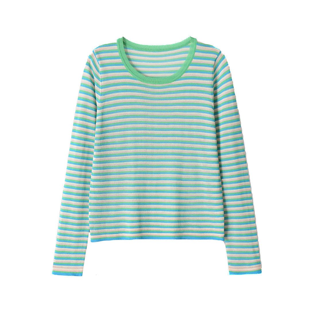 Damen Gestreiftes Feinstrick-Langarmshirt mit Rundhalsausschnitt und figurumspielender Silhouette Echoarchiv