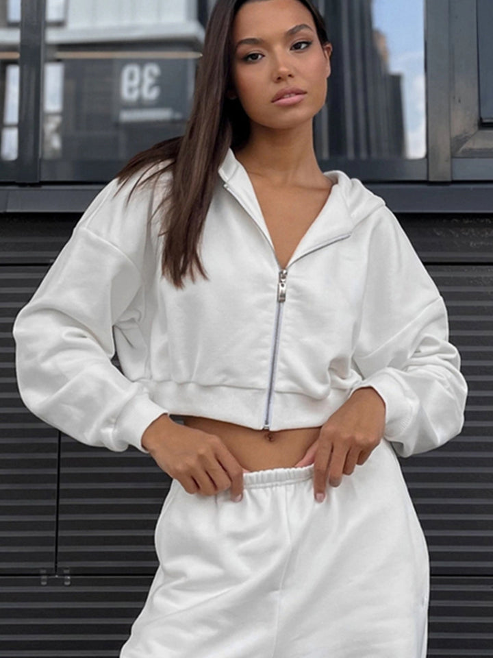 Damen Cropped-Zipper-Kapuzenjacke mit taillenhohen Fransen-Shorts Lounge-Set – Auréline
