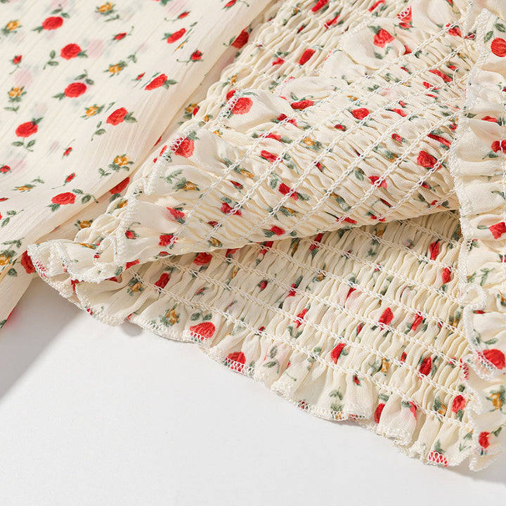 Damen Gesmoktes Cropped-Top mit Puffärmeln und Blumendessin Echo Archiv